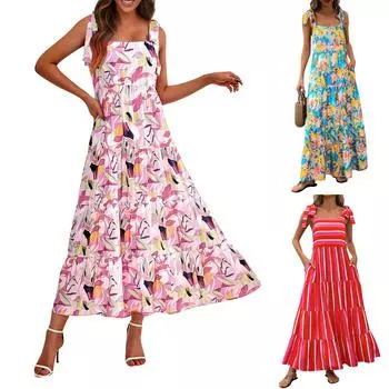 Женские платья Летнее платье макси без рукавов с цветочным принтом Повседневное многоуровневое струящееся пляжное длинное платье на бретельках XL фиолетовый