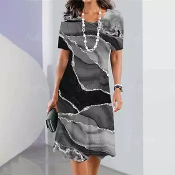 Женские платья Летние платья Бохо Акварельный принт Модные топы с коротким рукавом и круглым вырезом Модные вечерние свободные женские платья S