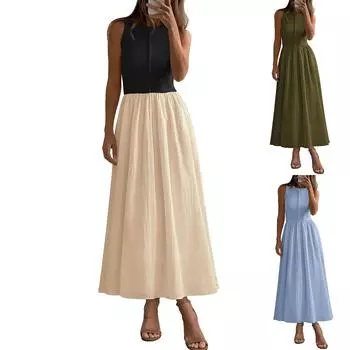 Женские платья Летние повседневные без рукавов трикотажные платья-майки в стиле пэчворк Струящийся пляжный сарафан Длинное платье L зелёный