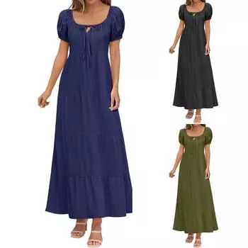 Женские платья летние повседневные V-образный вырез рукав-фонарик завязка спереди открытая спина пляжное длинное платье M