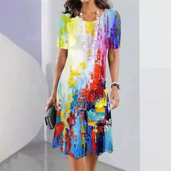 Женские платья Летние женские платья 3D-печать Путешествия Вечеринка Винтажные платья Y2k Элегантные Повседневные Свободные Короткие рукава S