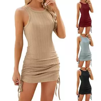 Женские платья Летний сплошной цвет с круглым вырезом без рукавов Жилет на шнуровке Slim Fit Платье S чёрный