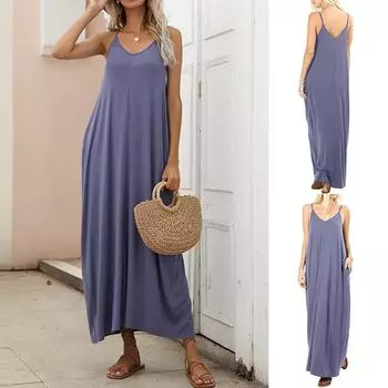 Женские платья макси Летнее повседневное V-образным вырезом без рукавов Простое струящееся свободное пляжное длинное платье с карманами XL светло-серый