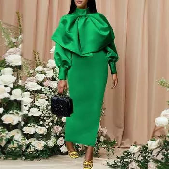 Женские платья макси на день рождения, Рождество, длинный фонарь с высоким воротом, облегающее платье с блестящим бантом и бантом для знаменитостей, африканские платья для мероприятий