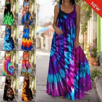 Женские платья макси с 3D-принтом и бретельками-спагетти, повседневное платье на бретельках с V-образным вырезом, свободные легкие вечерние длинные платья без рукавов XXXXXL