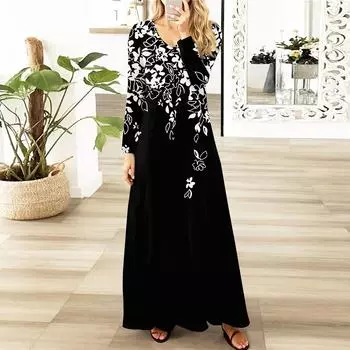 Женские платья макси с цветочным принтом и градиентом, сексуальные платья с длинным рукавом, элегантные длинные платья на осень, праздничные платья для женщин L чёрный