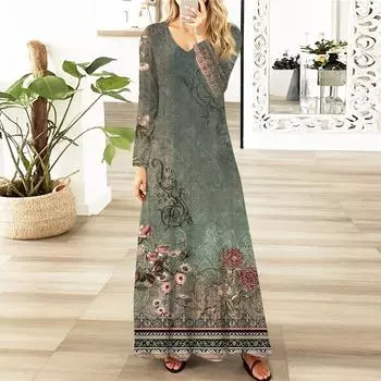 Женские платья макси с цветочным принтом и градиентом, сексуальные платья с длинным рукавом, элегантные длинные платья на осень, праздничные платья для женщин L армия зеленый