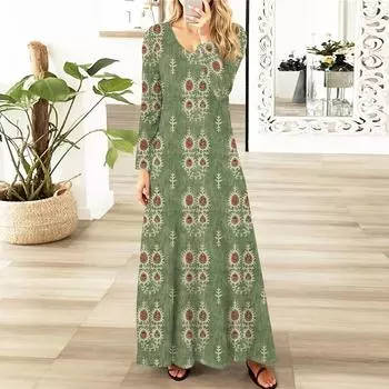 Женские платья макси с цветочным принтом и градиентом, сексуальные платья с длинным рукавом, элегантные длинные платья на осень, праздничные платья для женщин L армия зеленый