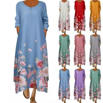Женские платья макси с длинным рукавом и цветочным принтом, круглым вырезом и длинными рукавами, нерегулярные свободные платья макси XXXXXL синий
