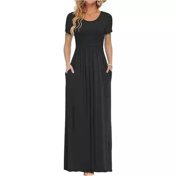 Женские платья макси с коротким рукавом, повседневные длинные платья, повседневные платья с карманами S чёрный