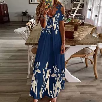 Женские платья макси в стиле бохо, летнее, с рукавами в одну линию, цветочное струящееся свободное длинное платье L синий