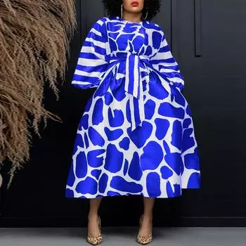 Женские платья миди больших размеров с круглым вырезом и длинным рукавом с поясом и геометрическим принтом XL чёрный