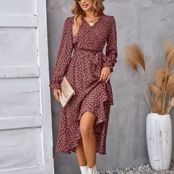 Женские платья-миди Платья с v-образным вырезом и цветочным принтом S синий