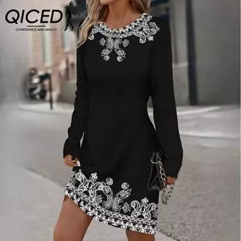 Женские платья миди QICED с круглым вырезом и длинными рукавами с растительным цветочным принтом S чёрный