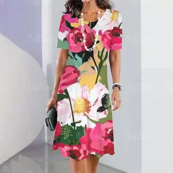 Женские платья миди с цветочным принтом, летнее элегантное платье, женские платья с короткими рукавами, модная женская одежда больших размеров S