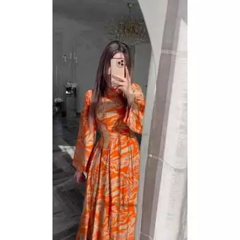 Женские платья миди с длинными рукавами и принтом на талии S оранжевый