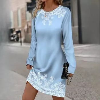 Женские платья миди с круглым вырезом и длинными рукавами с растительным цветочным принтом S чёрный