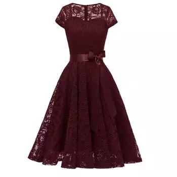 Женские платья миди, свободное кружевное платье с бантом и поясом, пот, вырез в форме сердца, полая женская рабочая одежда, свадебная вечеринка, коктейль, вечерний наряд S бордовый