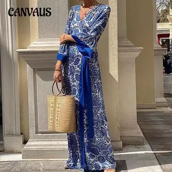 Женские платья модные богемные принтованные платья миди длинные S синий