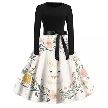 Женские платья модные повседневные облегающие платья с круглым вырезом и принтом на Пасху с длинным рукавом L бежевый