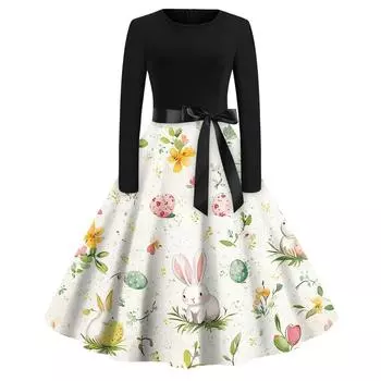 Женские платья модные повседневные облегающие платья с круглым вырезом и принтом на Пасху с длинным рукавом L бежевый