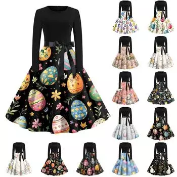 Женские платья модные повседневные облегающие платья с круглым вырезом и принтом на Пасху с длинным рукавом L бежевый