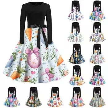Женские платья модные повседневные облегающие платья с круглым вырезом и принтом на Пасху с длинным рукавом L синий