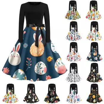 Женские платья модные повседневные облегающие платья с круглым вырезом и принтом на Пасху с длинным рукавом L чёрный