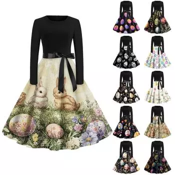 Женские платья модные повседневные облегающие платья с круглым вырезом и принтом на Пасху с длинным рукавом L бежевый