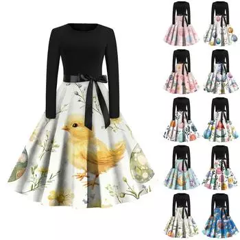 Женские платья модные повседневные облегающие платья с круглым вырезом и принтом на Пасху с длинным рукавом S