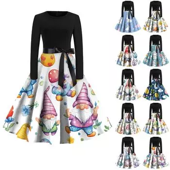Женские платья модные повседневные облегающие платья с круглым вырезом и принтом на Пасху с длинным рукавом XXL