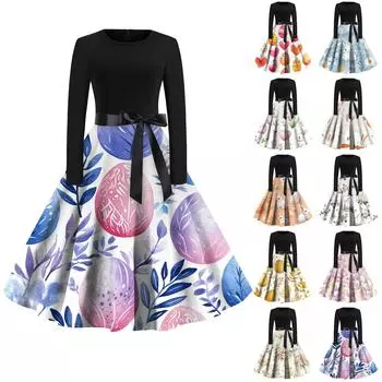 Женские платья модные повседневные облегающие платья с круглым вырезом и принтом на Пасху с длинным рукавом XL розовый