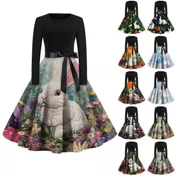 Женские платья модные повседневные облегающие платья с круглым вырезом и принтом на Пасху с длинным рукавом XXL