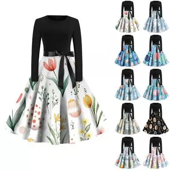 Женские платья модные повседневные облегающие платья с круглым вырезом и принтом на Пасху с длинным рукавом M чёрный