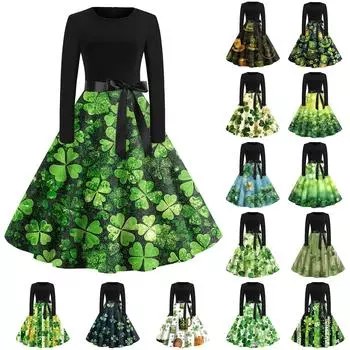 Женские платья модные с круглым вырезом повседневные тонкие St. Платья с длинными рукавами и принтом ко Дню Святого Патрика XXXL чёрный