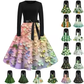 Женские платья модные с круглым вырезом повседневные тонкие St. Платья с длинными рукавами и принтом ко Дню Святого Патрика XXXXXL