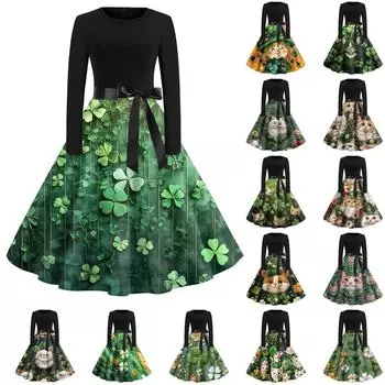 Женские платья модные с круглым вырезом повседневные тонкие St. Платья с длинными рукавами и принтом ко Дню Святого Патрика S хаки