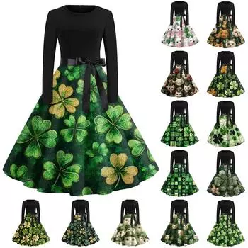 Женские платья модные с круглым вырезом повседневные тонкие St. Платья с длинными рукавами и принтом ко Дню Святого Патрика XXL бежевый