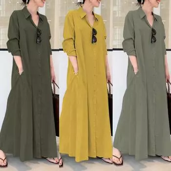 Женские платья Мусульманская одежда Сплошной цвет Платье-рубашка с длинными рукавами Повседневный карманный халат Musulman Дубай Мусульманский кафтан Мусульманские платья Рамадан 5XL армия зеленый