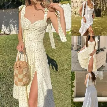 Женские платья на бретельках, платье макси с цветочным принтом, женский праздничный пляжный сарафан больших размеров S белый