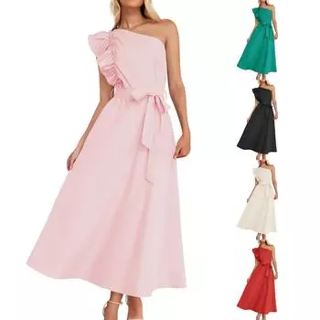 Женские платья на одно плечо Платья с косыми плечами и деревянной сережкой на талии L бежевый