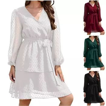 Женские платья на шнуровке с V-образным вырезом и длинными рукавами с рюшами и эластичной талией Вечернее платье Повседневное платье L чёрный