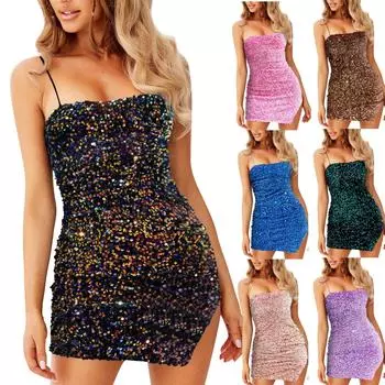 Женские платья на тонких бретельках с блестками, диско-платья, сексуальные блестящие коктейльные вечерние клубные платья, вечерние платья L бежевый