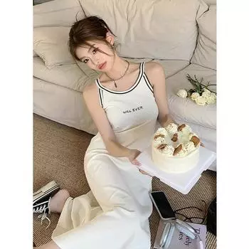 Женские платья на тонких бретельках в корейском стиле с круглым вырезом и принтом букв, женское длинное платье, летние платья One Size белый