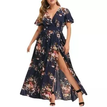 Женские платья, новое летнее женское платье большого размера с принтом и разрезом по подолу, L-5XL L бежевый