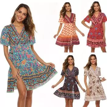 Женские платья, новые летние женские богемные пляжные курортные платья с короткими рукавами и глубоким V-образным вырезом, большие складные платья с принтом S темно-синий