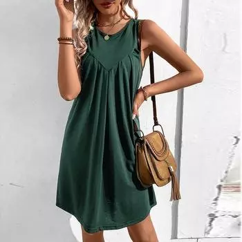 Женские платья, однотонное свободное платье-майка с круглым вырезом, сексуальное платье без рукавов, лето 2023, модное платье до колена, Vestidos 26001 S темно-синий