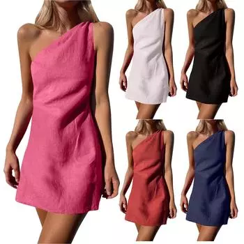 Женские платья однотонные облегающие платья темперамент с косыми плечами S белый