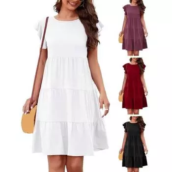 Женские платья Однотонные платья миди Повседневные свободные платья с круглым вырезом S белый