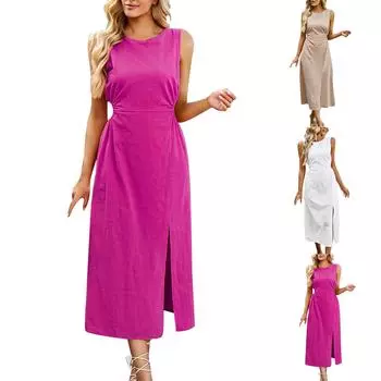 Женские платья однотонные с вырезом-садом, летние, темпераментные, с завышенной талией, длинные, без рукавов, жилетные платья L горячий розовый